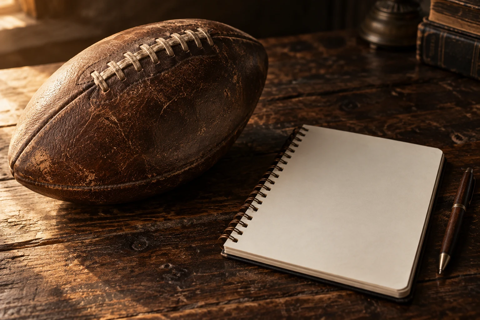 A worn leather American football beside a blank notebook on a wooden desk.