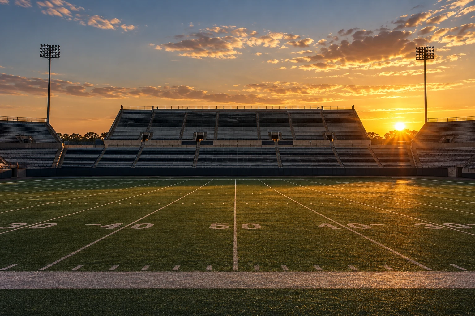 An empty American football field and stadium in warm evening light.